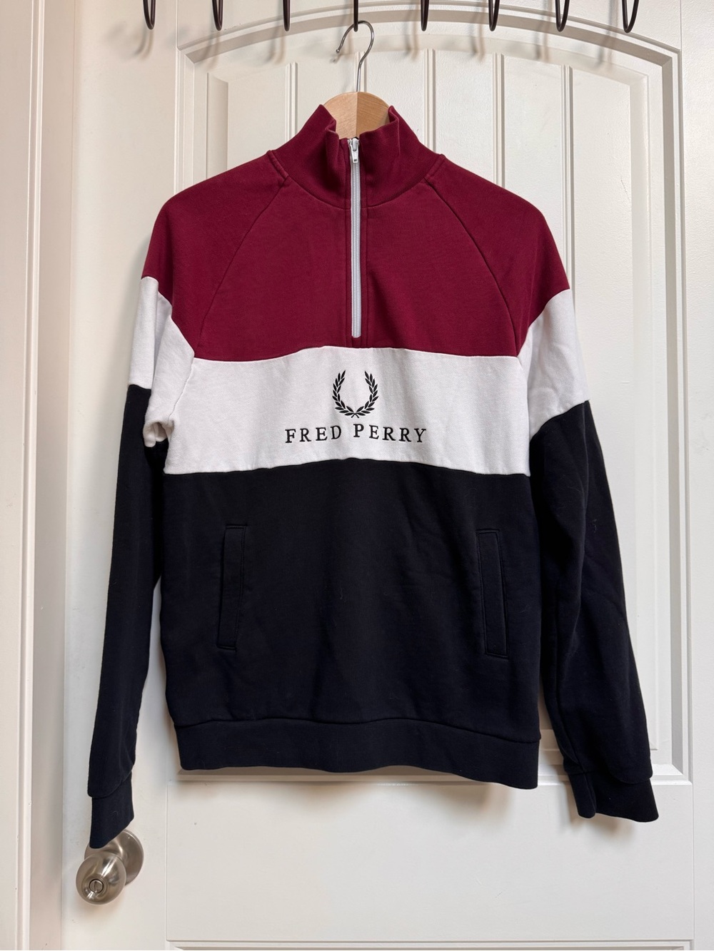 Fred Perry Burgundy, White and Black Cotton 1/4 Zip. Size S